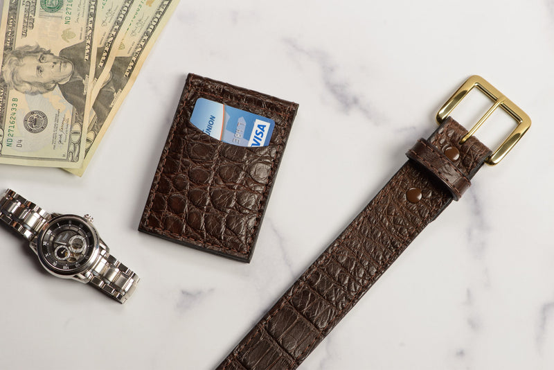 Brown Alligator Bifold Slim Profile Wallet With Money Clip - Bullhide Belts