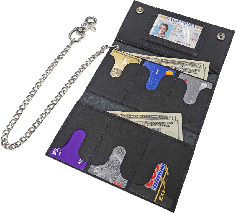 Black Premium Leather Biker Chain Wallet With ID Window (Large 7.38" x 4.25")