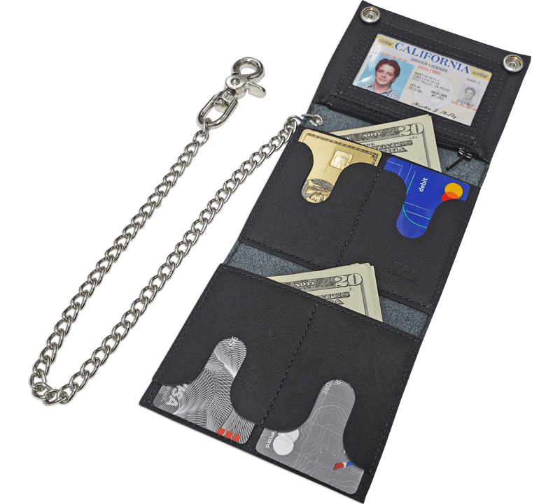 Black Premium Leather Biker Chain Wallet With ID Window (Medium 5" x 4.25")