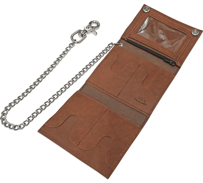 Taos Brown Premium Leather Biker Chain Wallet With ID Window (Medium 5" x 4.25")