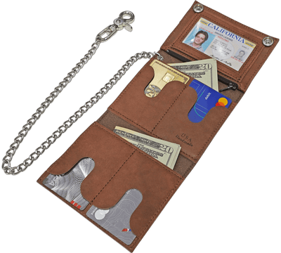 Taos Brown Premium Leather Biker Chain Wallet With ID Window (Medium 5" x 4.25")
