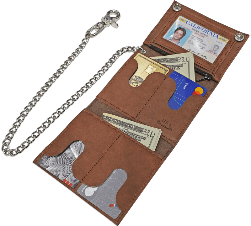 Taos Brown Premium Leather Biker Chain Wallet With ID Window (Medium 5" x 4.25")