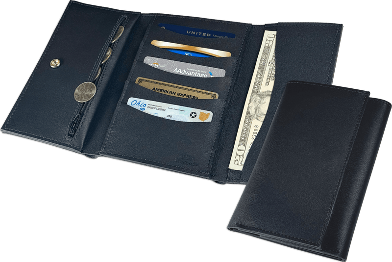 Black MEGA Trifold Leather Wallet With Zipper Compartment (Large Capacity 7" x 4-5/8")
