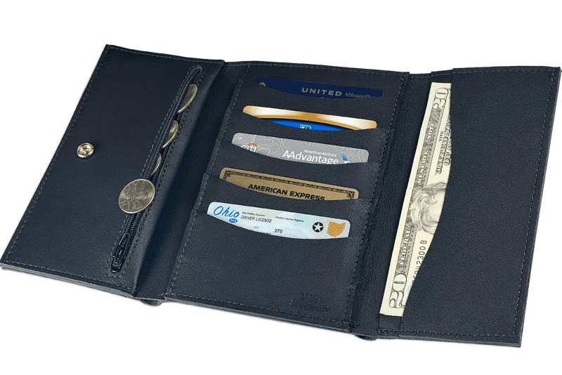 Black MEGA Trifold Leather Wallet With Zipper Compartment (Large Capacity 7" x 4-5/8")
