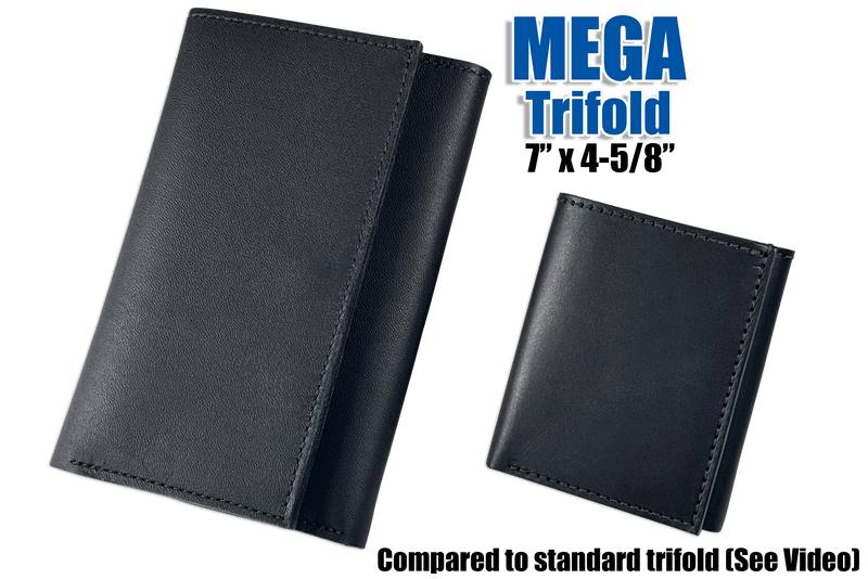 Black MEGA Trifold Leather Wallet With Zipper Compartment (Large Capacity 7" x 4-5/8")