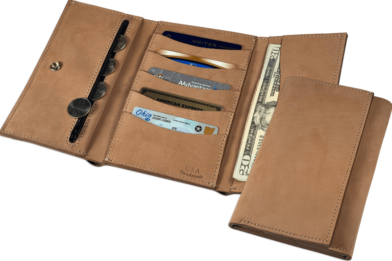 Tan Buffed Taos MEGA Trifold Leather Wallet With Zipper Compartment (Large Capacity 7" x 4-5/8")