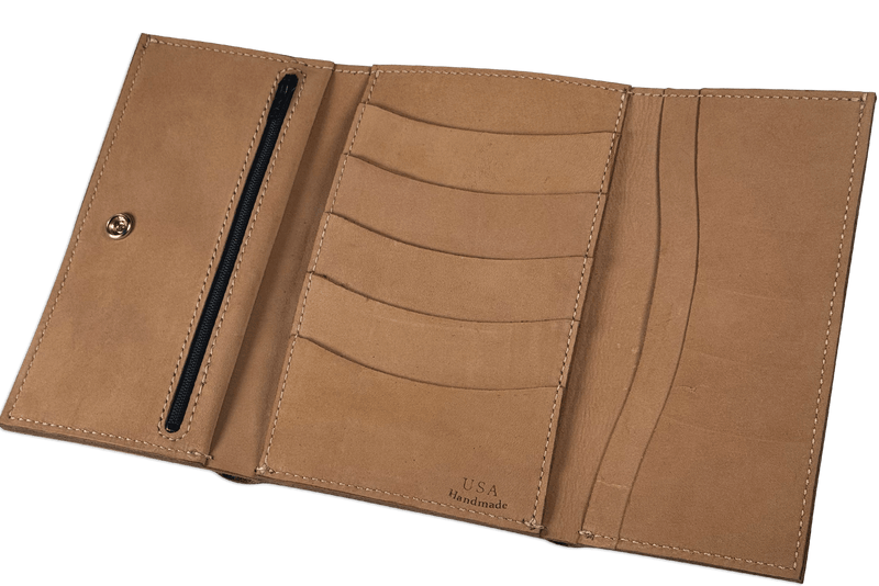 Tan Buffed Taos MEGA Trifold Leather Wallet With Zipper Compartment (Large Capacity 7" x 4-5/8")