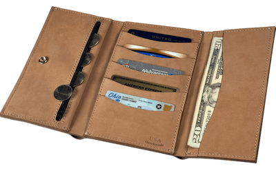 Tan Buffed Taos MEGA Trifold Leather Wallet With Zipper Compartment (Large Capacity 7" x 4-5/8")