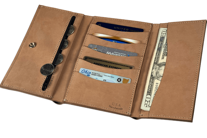 Tan Buffed Taos MEGA Trifold Leather Wallet With Zipper Compartment (Large Capacity 7" x 4-5/8")