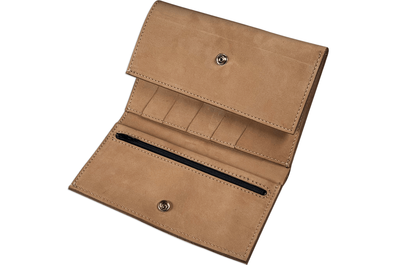Tan Buffed Taos MEGA Trifold Leather Wallet With Zipper Compartment (Large Capacity 7" x 4-5/8")