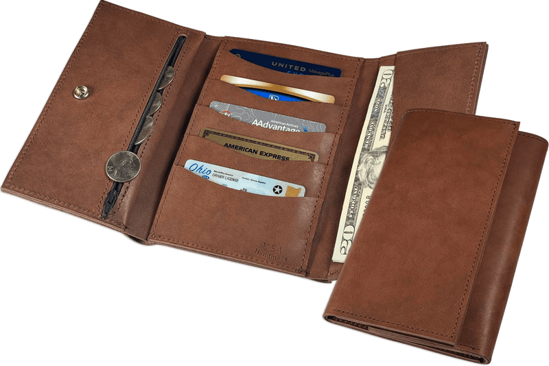 Taos Brown MEGA Trifold Leather Wallet With Zipper Compartment (Large Capacity 7" x 4-5/8")
