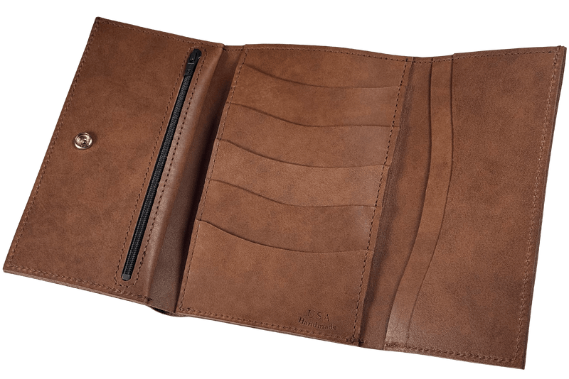 Taos Brown MEGA Trifold Leather Wallet With Zipper Compartment (Large Capacity 7" x 4-5/8")