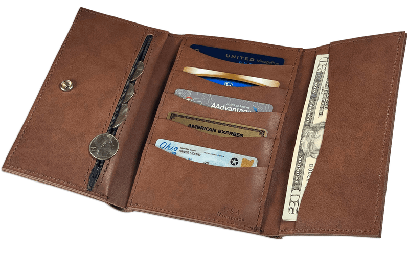 Taos Brown MEGA Trifold Leather Wallet With Zipper Compartment (Large Capacity 7" x 4-5/8")