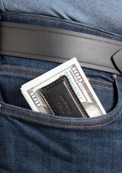Black Premium Leather Men's Magnetic Money Clip (Holds 30 Folded Bills) - BullhideBelts.com