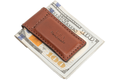 Medium Brown Premium Leather Men's Magnetic Money Clip (Holds 30 Folded Bills) - BullhideBelts.com