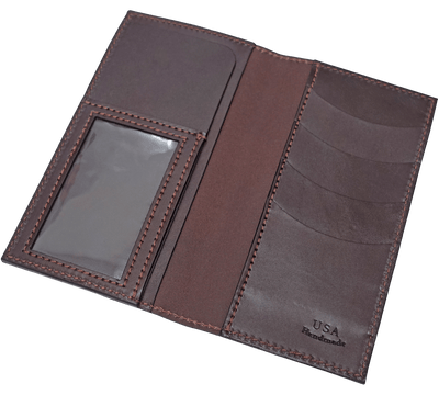 Brown Premium Leather Long Bifold Wallet With ID Window (AKA Checkbook Wallet)