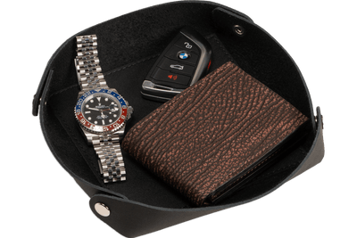 Black Leather Travel Valet Storage Tray Folds Flat - BullhideBelts.com