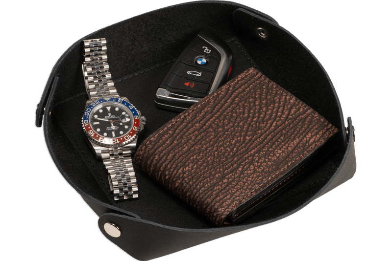 Black Leather Travel Valet Storage Tray Folds Flat - BullhideBelts.com