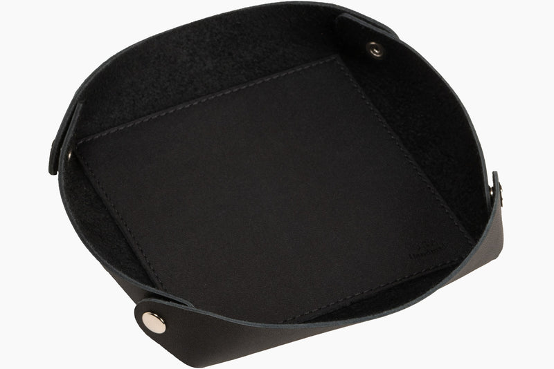 Black Leather Travel Valet Storage Tray Folds Flat - BullhideBelts.com