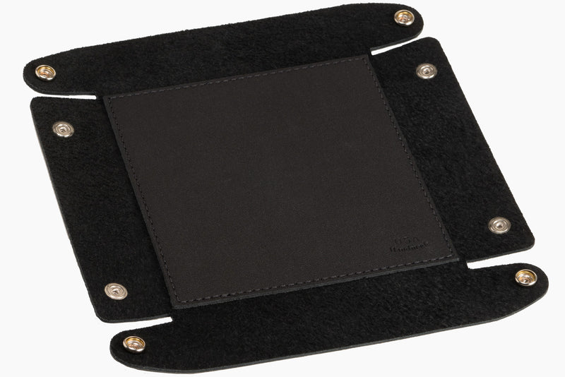 Black Leather Travel Valet Storage Tray Folds Flat - BullhideBelts.com