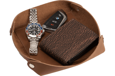 Taos Brown Leather Travel Valet Storage Tray Folds Flat - BullhideBelts.com