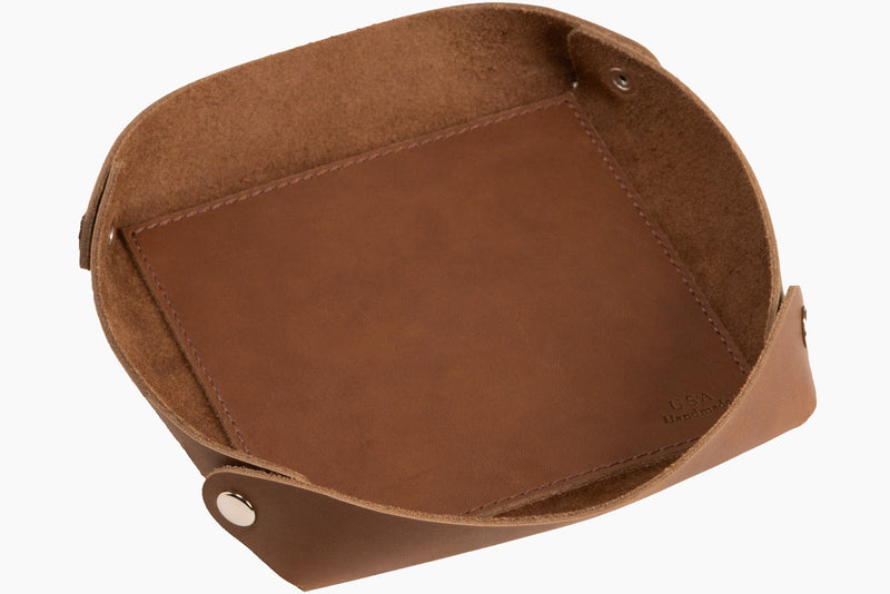 Taos Brown Leather Travel Valet Storage Tray Folds Flat - BullhideBelts.com