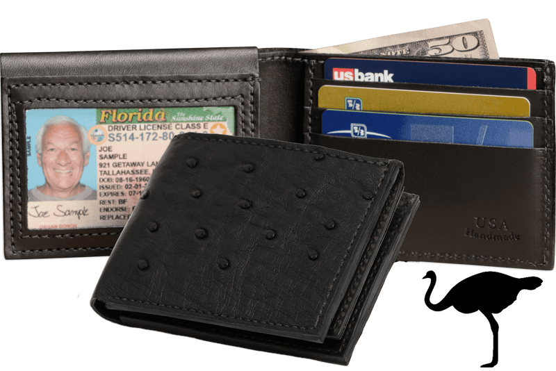 Black Ostrich Full Quill Luxury Designer Exotic Bifold Wallet With Flip Up ID Window **SHIPS APRIL 8th** - BullhideBelts.com