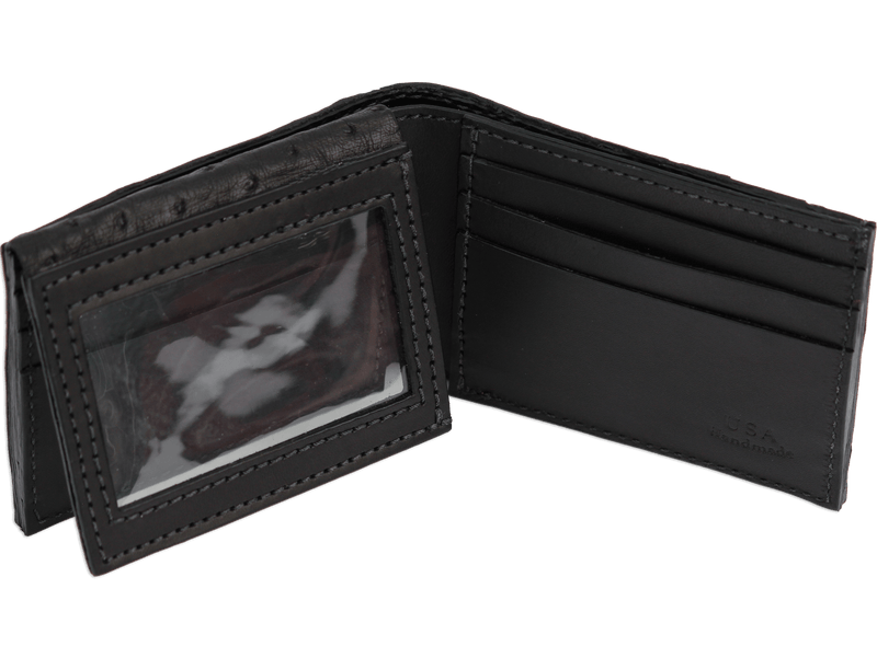 Black Ostrich Full Quill Luxury Designer Exotic Bifold Wallet With Flip Up ID Window **SHIPS APRIL 8th** - BullhideBelts.com