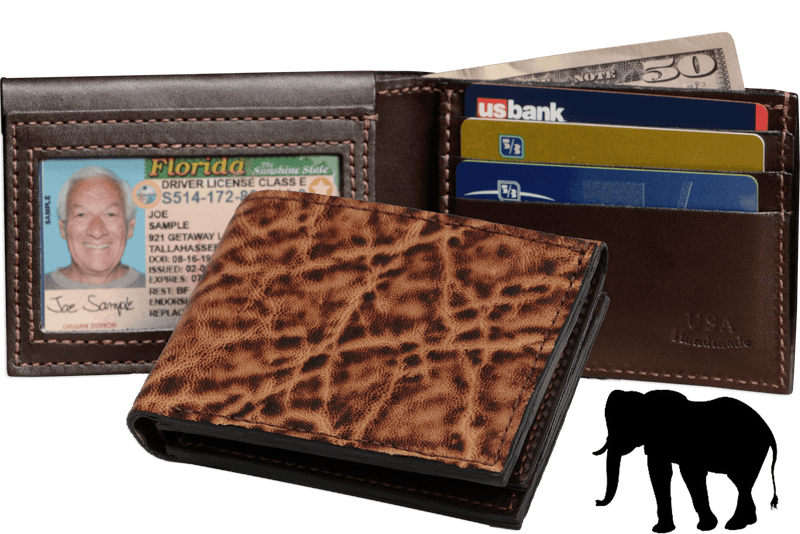 Rustic Brown Elephant Luxury Designer Exotic Bifold Wallet With Flip Up ID Window **SHIPS APRIL 8th** - BullhideBelts.com