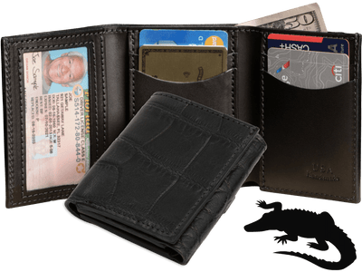 Black Alligator Luxury Designer Exotic Trifold Wallet With ID Window - BullhideBelts.com