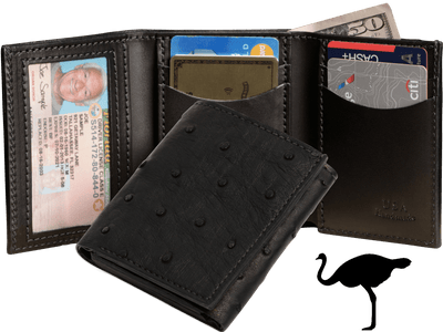 Black Ostrich Full Quill Luxury Designer Exotic Trifold Wallet With ID Window - BullhideBelts.com