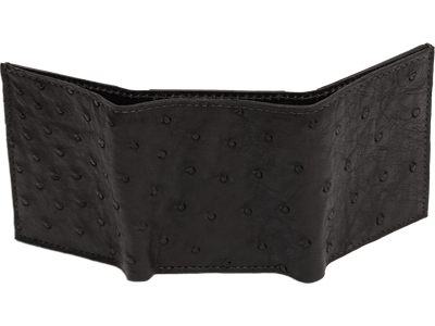 Black Ostrich Full Quill Luxury Designer Exotic Trifold Wallet With ID Window - BullhideBelts.com