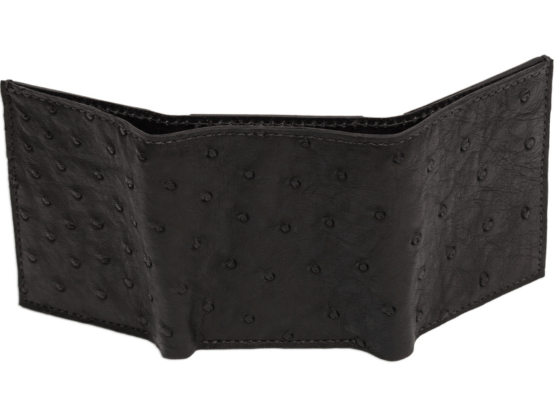 Black Ostrich Full Quill Luxury Designer Exotic Trifold Wallet With ID Window - BullhideBelts.com