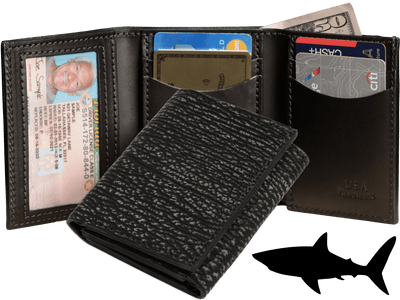 Black Suede Shark Luxury Designer Exotic Trifold Wallet With ID Window - BullhideBelts.com