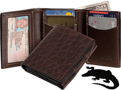 Brown Alligator Luxury Designer Exotic Trifold Wallet With ID Window - BullhideBelts.com