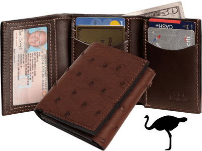 Brown Ostrich Full Quill Luxury Designer Exotic Trifold Wallet With ID Window - BullhideBelts.com