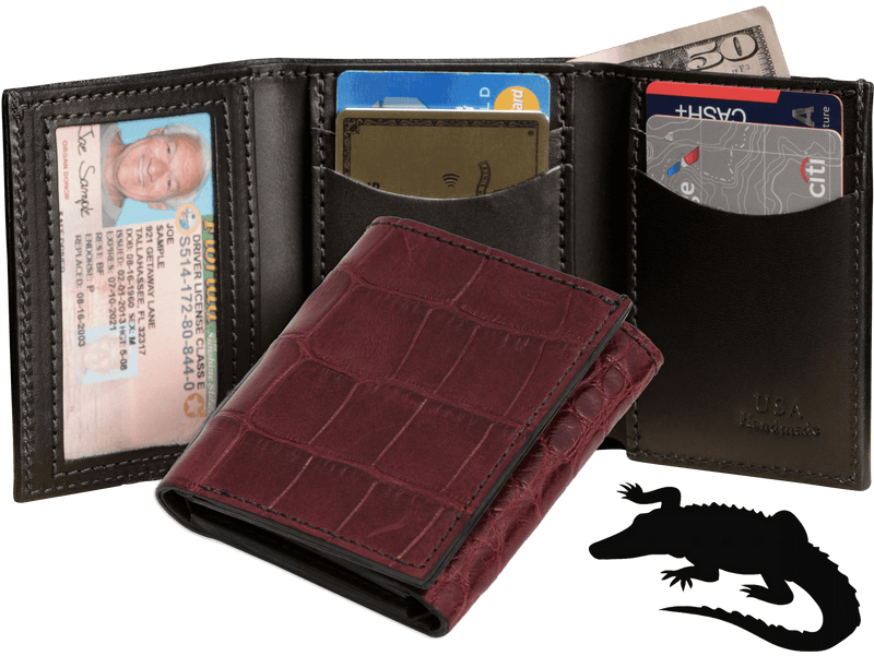 Burgundy Alligator Luxury Designer Exotic Trifold Wallet With ID Window - BullhideBelts.com