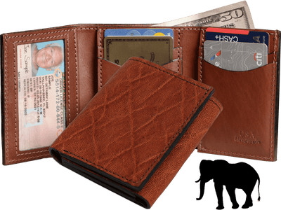 Caramel Brown Elephant Luxury Designer Exotic Trifold Wallet With ID Window - BullhideBelts.com