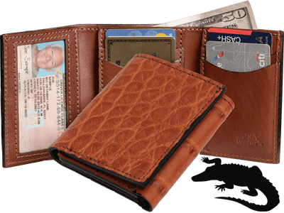 Cognac Alligator Luxury Designer Exotic Trifold Wallet With ID Window - BullhideBelts.com