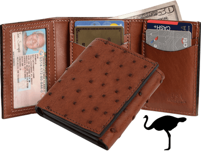 Cognac Ostrich Full Quill Luxury Designer Exotic Trifold Wallet With ID Window - BullhideBelts.com