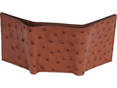 Cognac Ostrich Full Quill Luxury Designer Exotic Trifold Wallet With ID Window - BullhideBelts.com