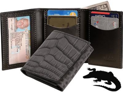 Gray Alligator Luxury Designer Exotic Trifold Wallet With ID Window - BullhideBelts.com
