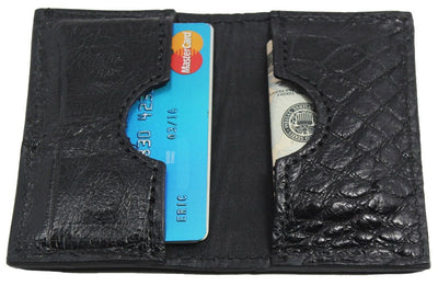 Inside view of alligator skin in black leather wallet with card and bills by Bullhide Belts