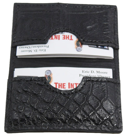 Inside view of alligator skin in black leather wallet with calling cards by Bullhide Belts
