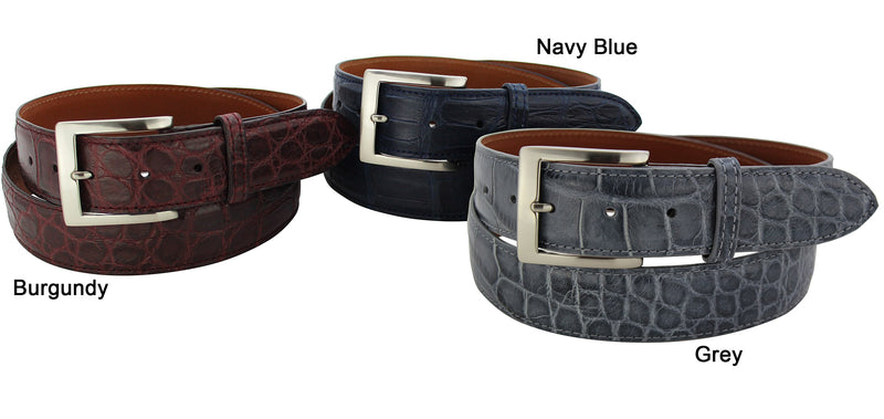 Burgundy, blue and grey alligator skin leather belts by Bullhide Belts