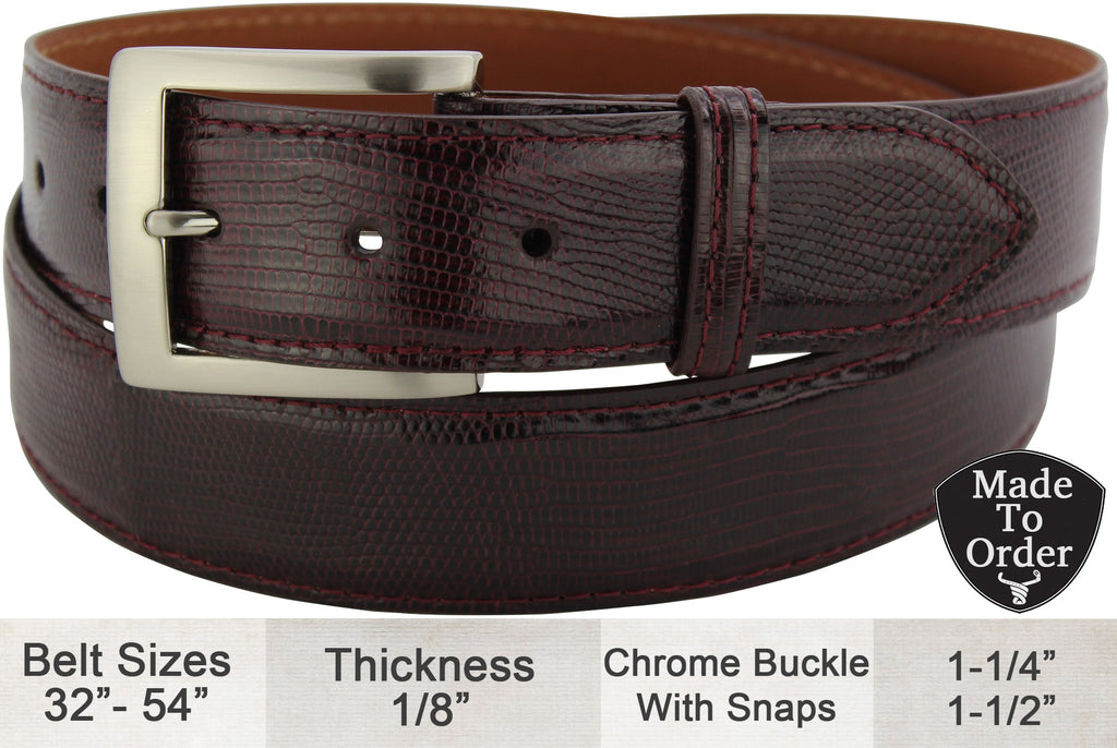 Burgundy Lizard Skin Designer Full Grain Leather Belt Allow