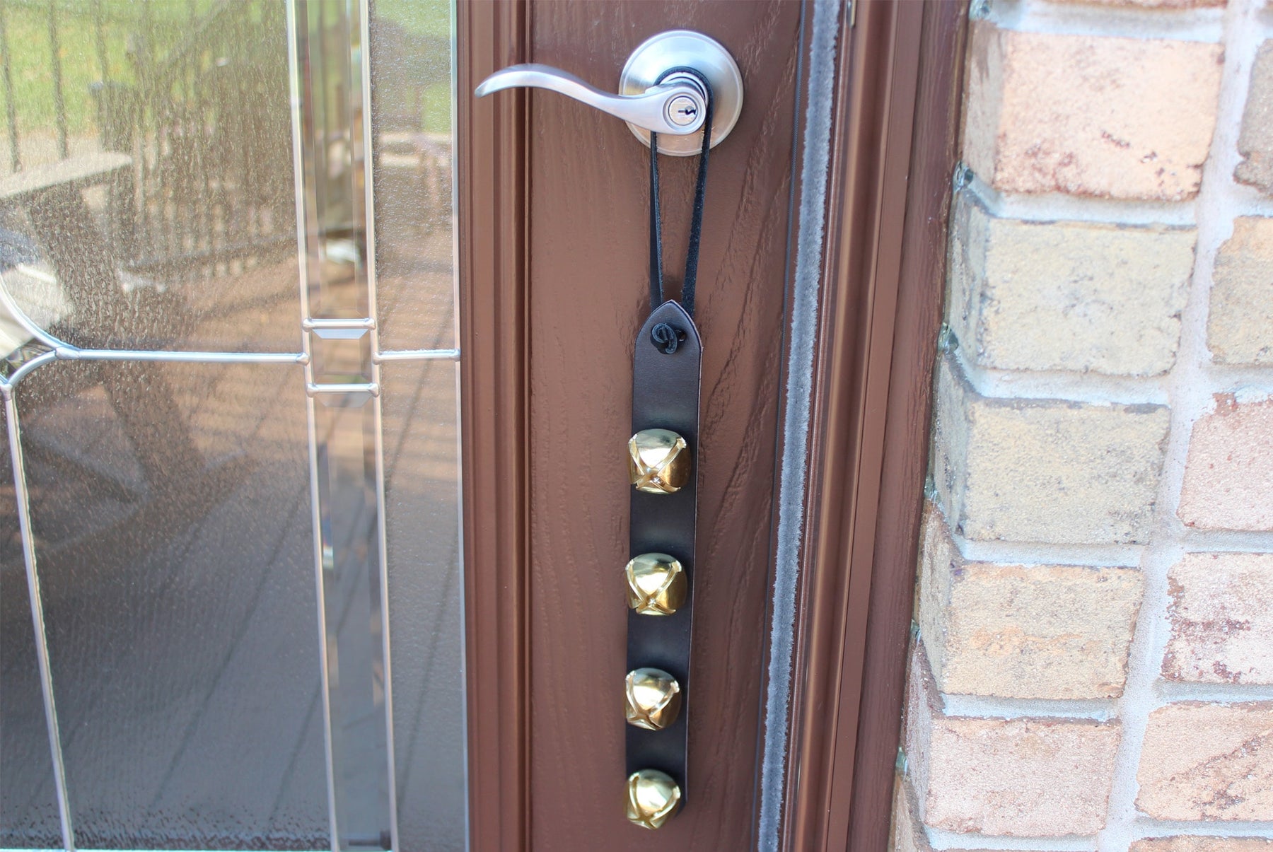 Black Leather Holiday Door Bell With Leather String Attachment