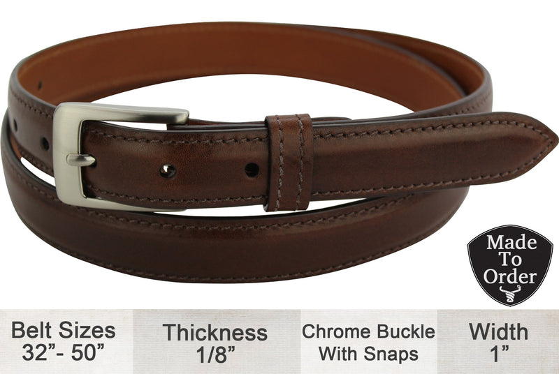 Brown Italian Calf Leather Designer One Inch Wide Dress Full Grain Leather Belt (Allow Approx. 4 Weeks To Ship) - Bullhide Belts