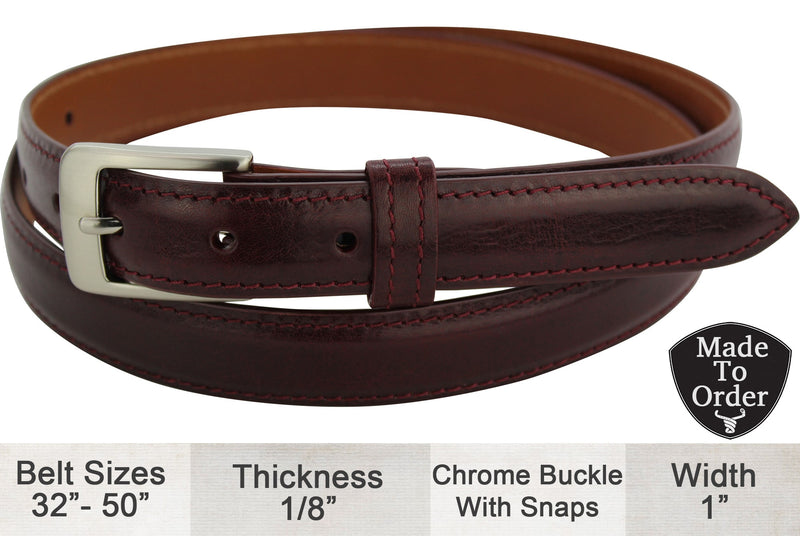 Burgundy Italian Calf Leather Designer One Inch Wide Dress Full Grain Leather Belt (Allow Approx. 4 Weeks To Ship) - Bullhide Belts