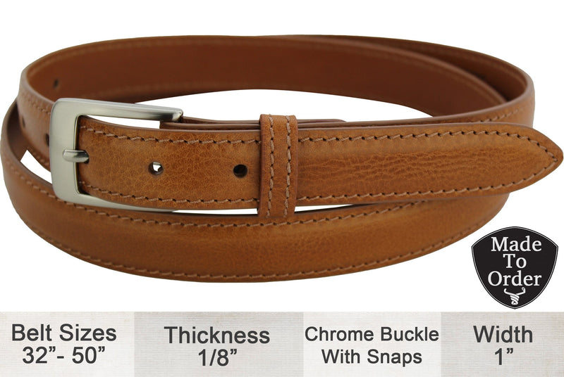 Tan Italian Calf Leather Designer One Inch Wide Dress Full Grain Leather Belt (Allow Approx. 4 Weeks To Ship) - Bullhide Belts